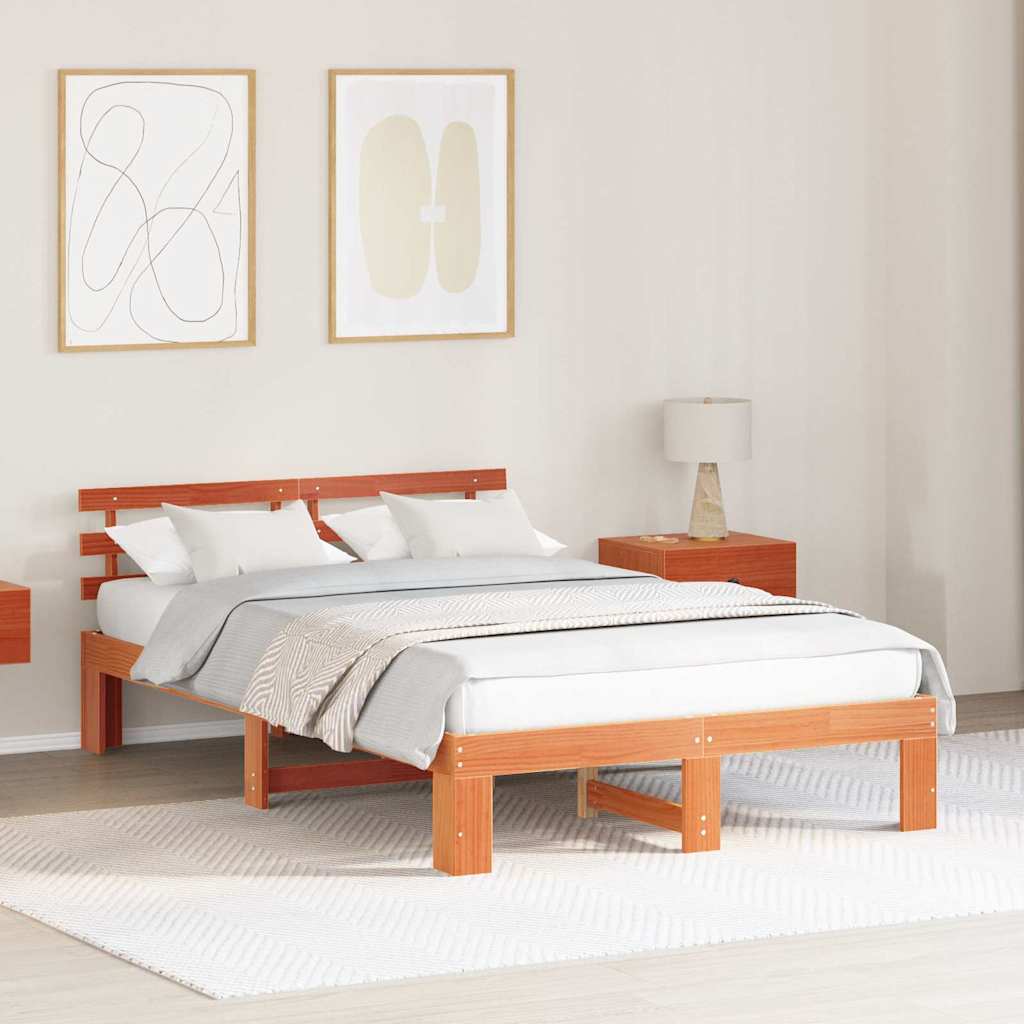 Sengestel med hovedgærde Voks brun 140 x 190 cm Massiv fyrretræ