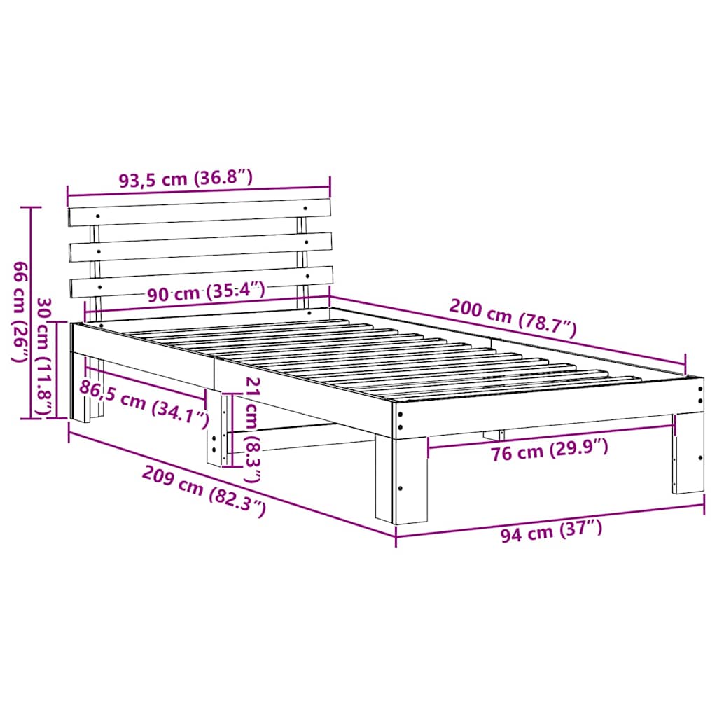 Sengestel med hovedgærde Voks brun 90 x 200 cm Massiv fyrretræ
