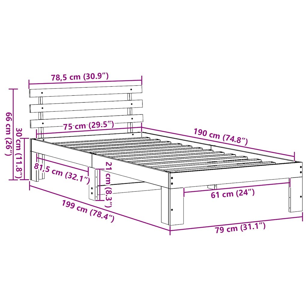 Sengestel med hovedgærde Hvid 75 x 190 cm Massiv fyrretræ