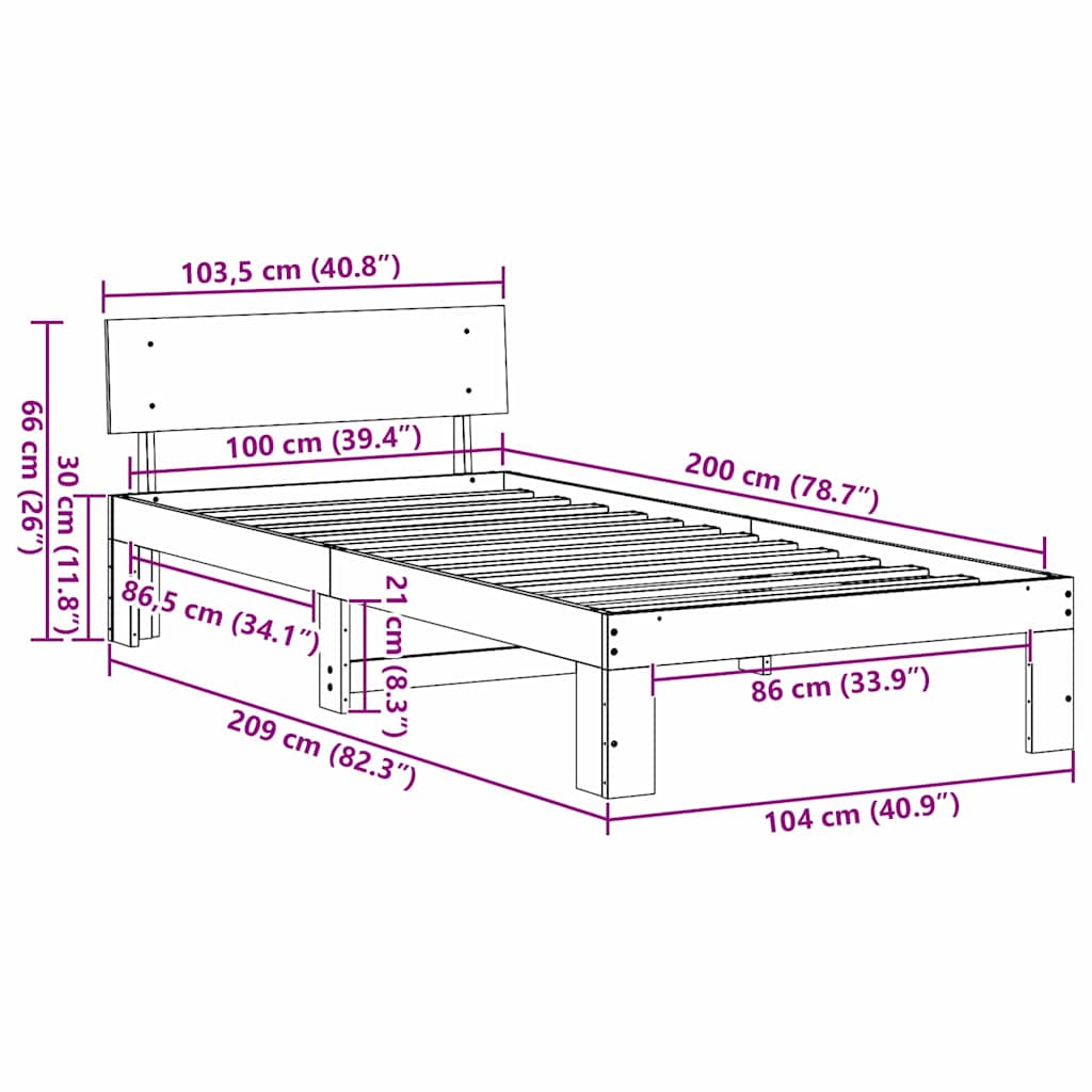 Sengestel Naturfarvet 100 x 200 cm Massiv fyrretræ