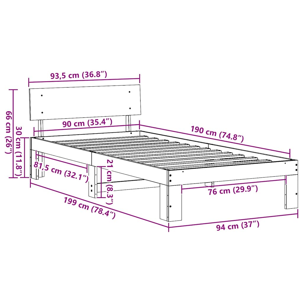 Sengestel med hovedgærde Hvid 90 x 190 cm Massiv fyrretræ