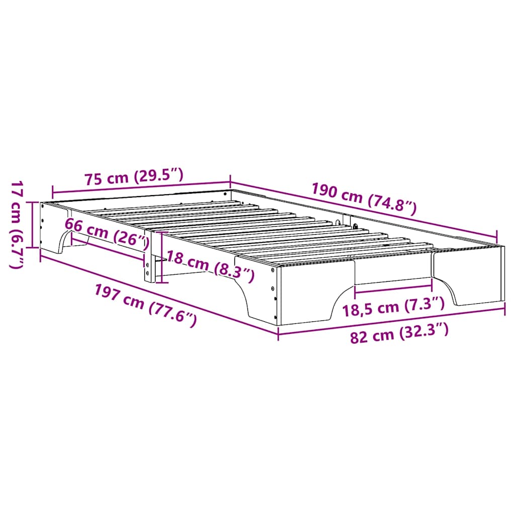Sengestel Naturfarvet 75 x 190 cm Massiv fyrretræ
