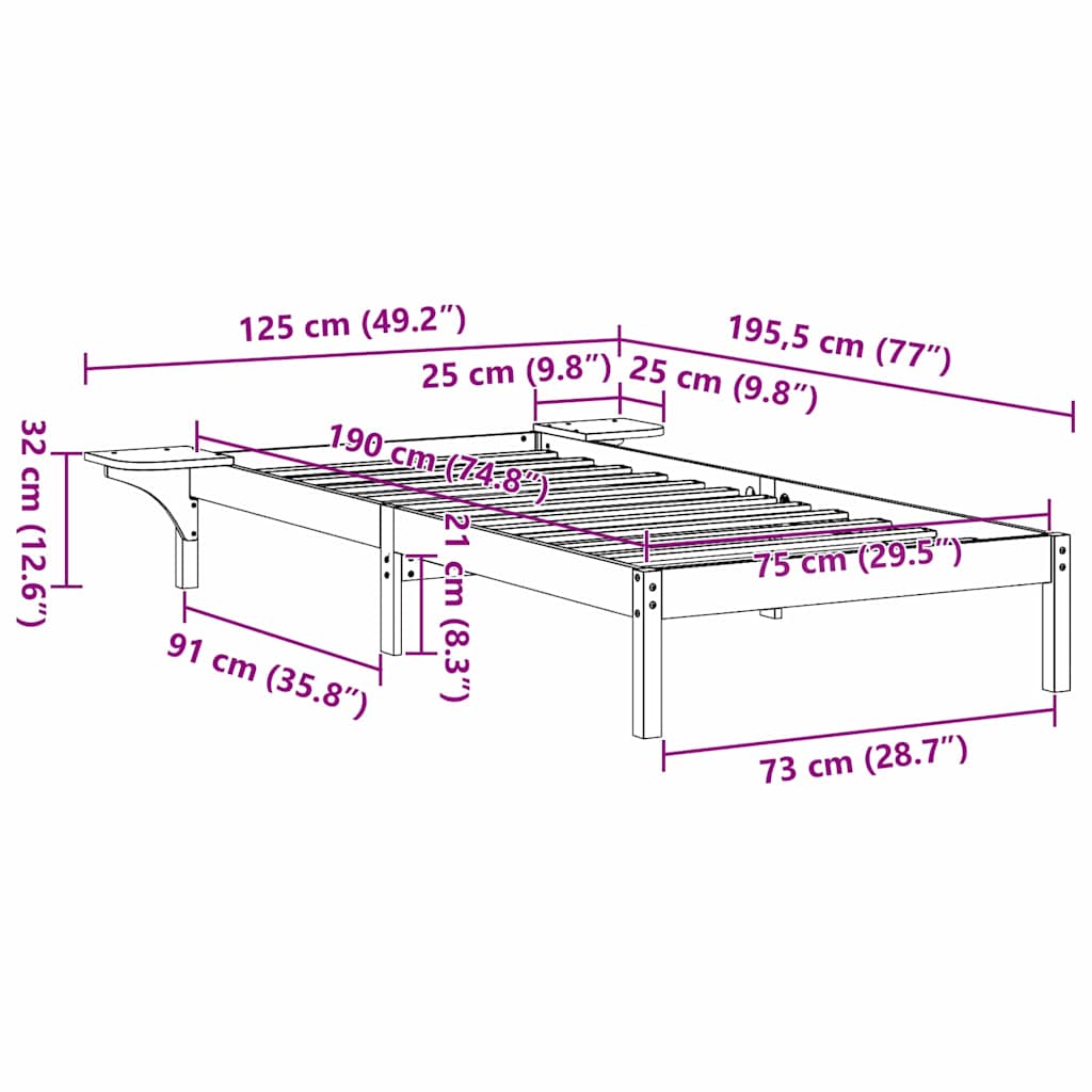 Sengestel Naturfarvet 75 x 190 cm Massiv fyrretræ
