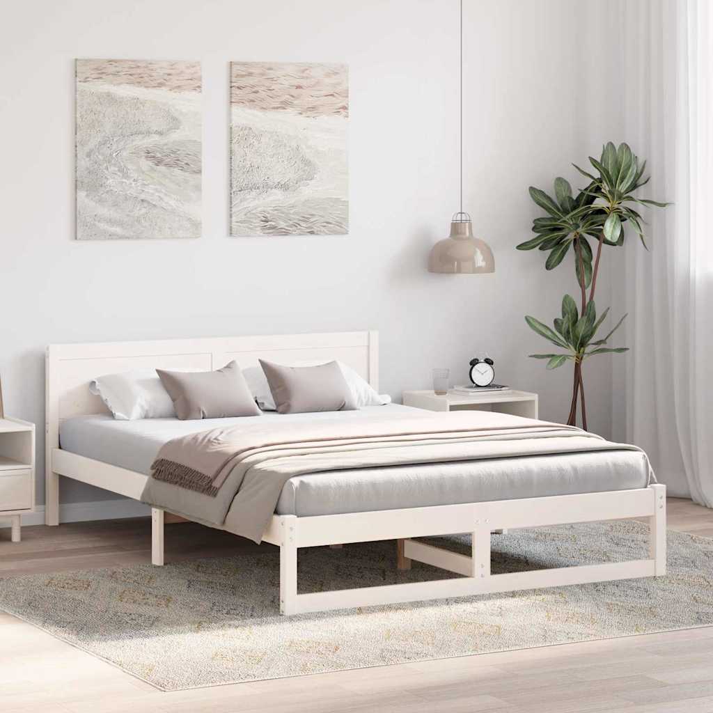 Sengestel med hovedgærde Hvid 150 x 200 cm Massiv fyrretræ