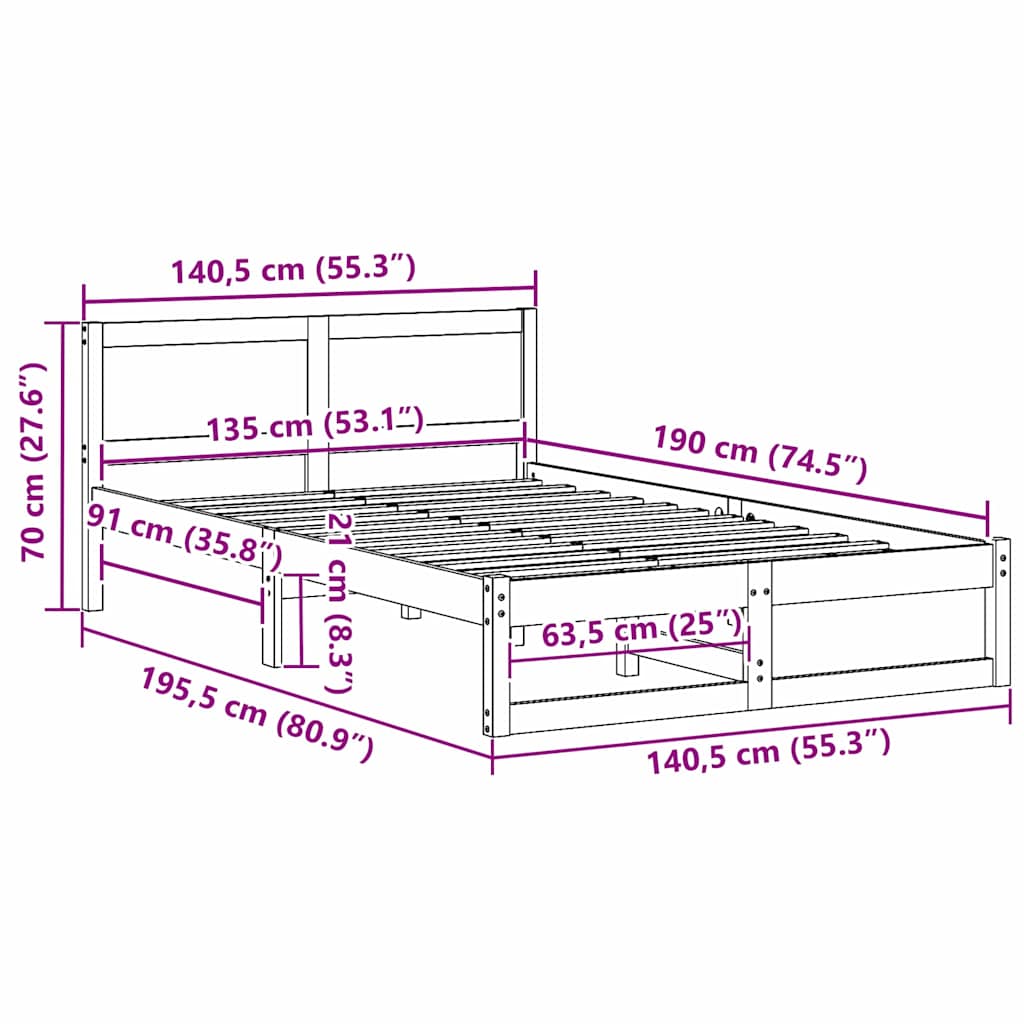 Sengestel Naturfarvet 135 x 190 cm Massiv fyrretræ