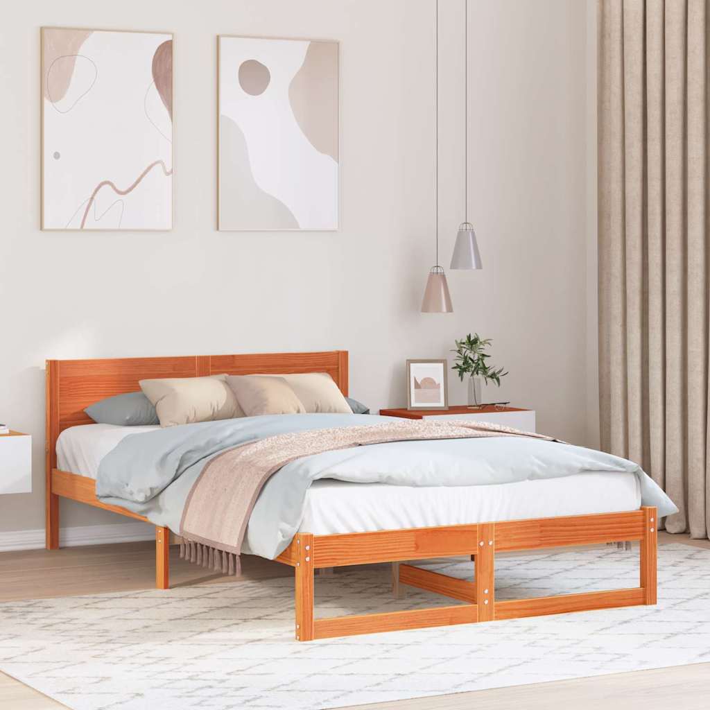 Sengestel med hovedgærde Voks brun 135 x 190 cm Massiv fyrretræ