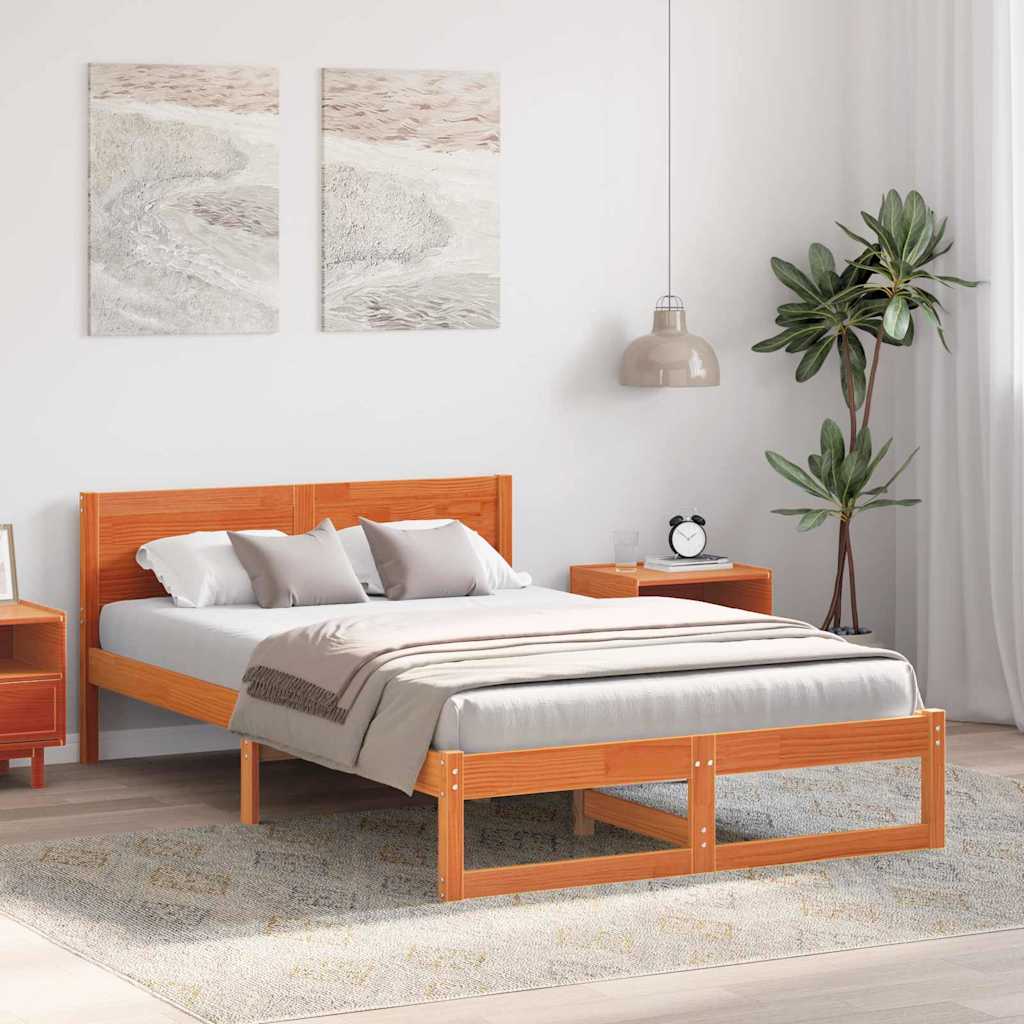 Sengestel med hovedgærde Voks brun 135 x 190 cm Massiv fyrretræ