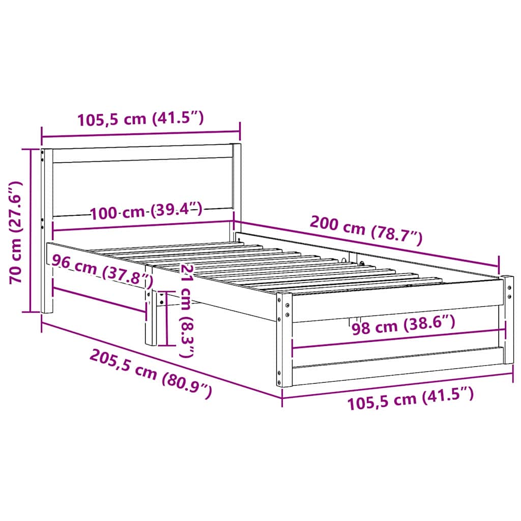 Sengestel med hovedgærde Hvid 100 x 200 cm Massiv fyrretræ