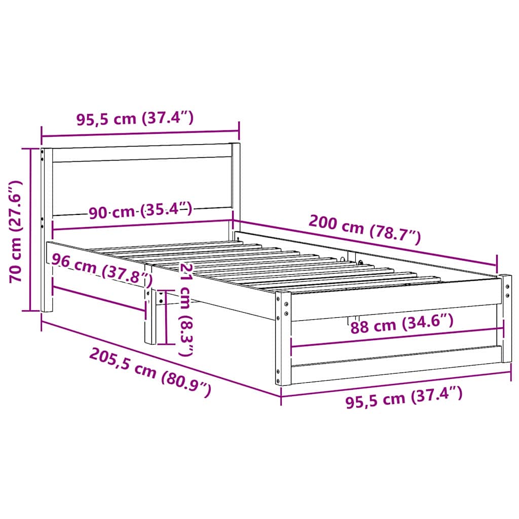 Sengestel med hovedgærde Hvid 90 x 200 cm Massiv fyrretræ
