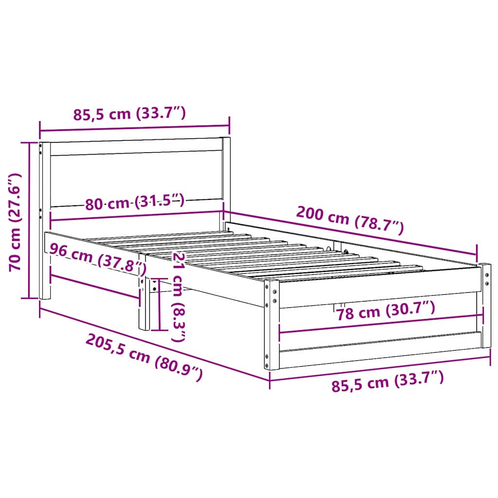 Sengestel med hovedgærde Hvid 80 x 200 cm Massiv fyrretræ