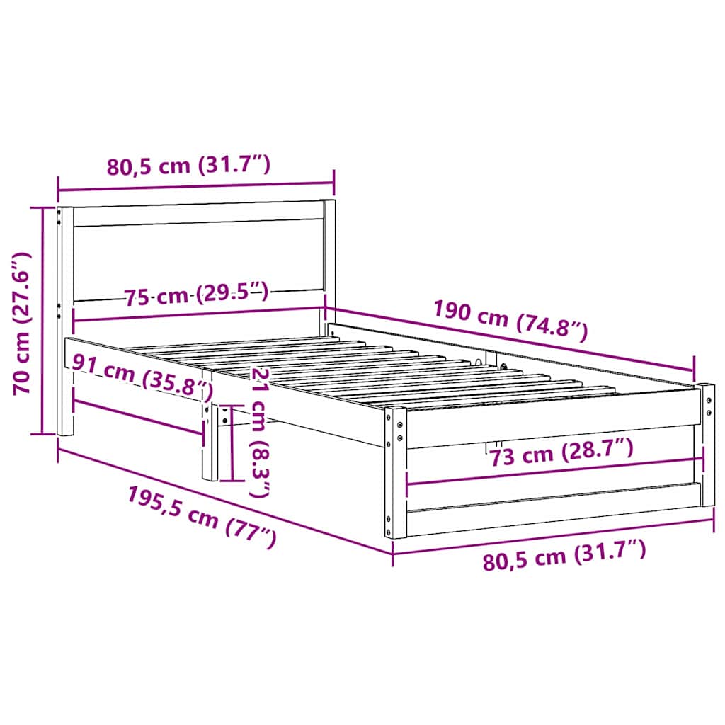 Sengestel med hovedgærde Voks brun 75 x 190 cm Massiv fyrretræ