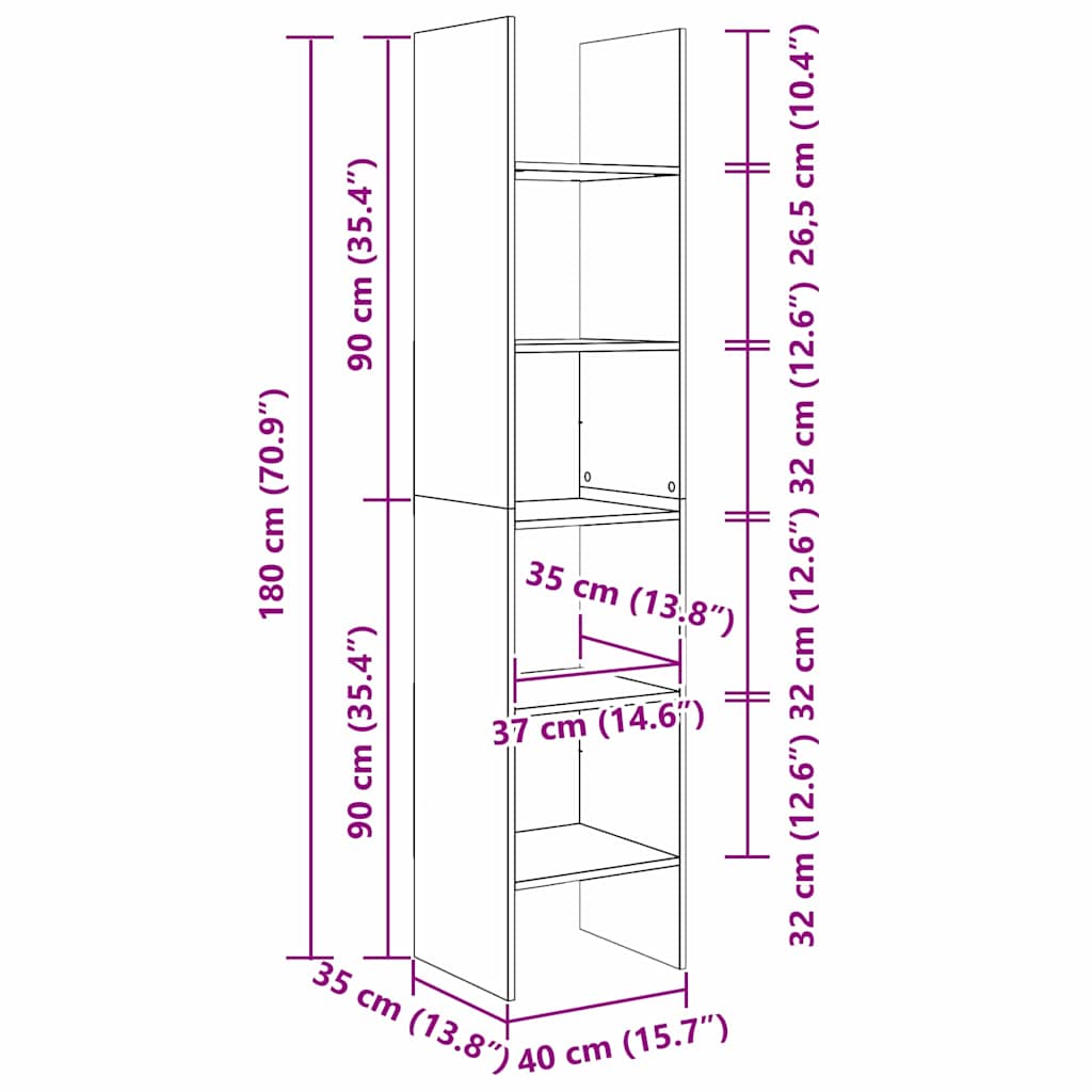 Bogskab 5 niveauer 40 x 35 x 180 cm Konstrueret træ