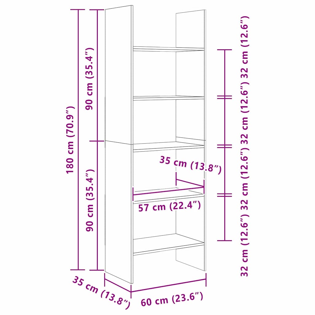 Bogskab 5 niveauer 60 x 35 x 180 cm Konstrueret træ