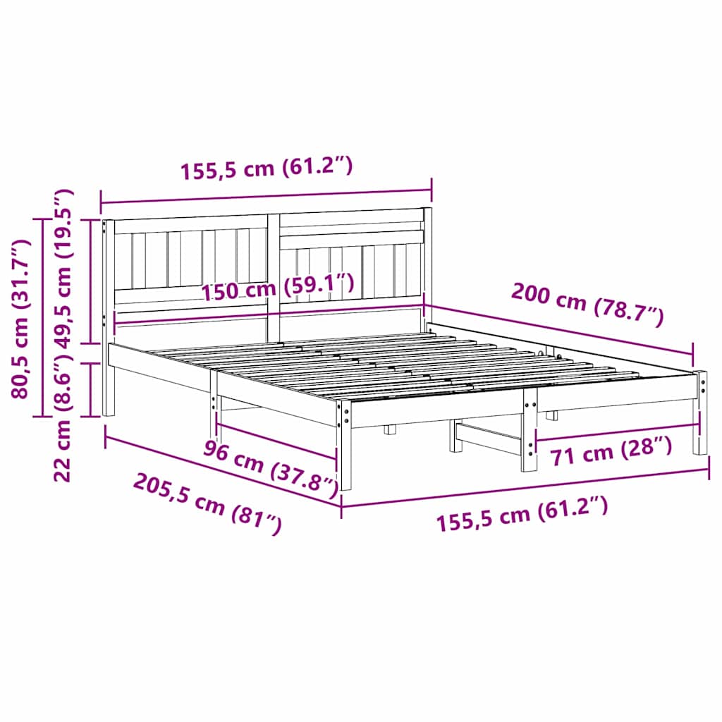 Sengestel med hovedgærde Brun 150 x 200 cm Massiv fyrretræ
