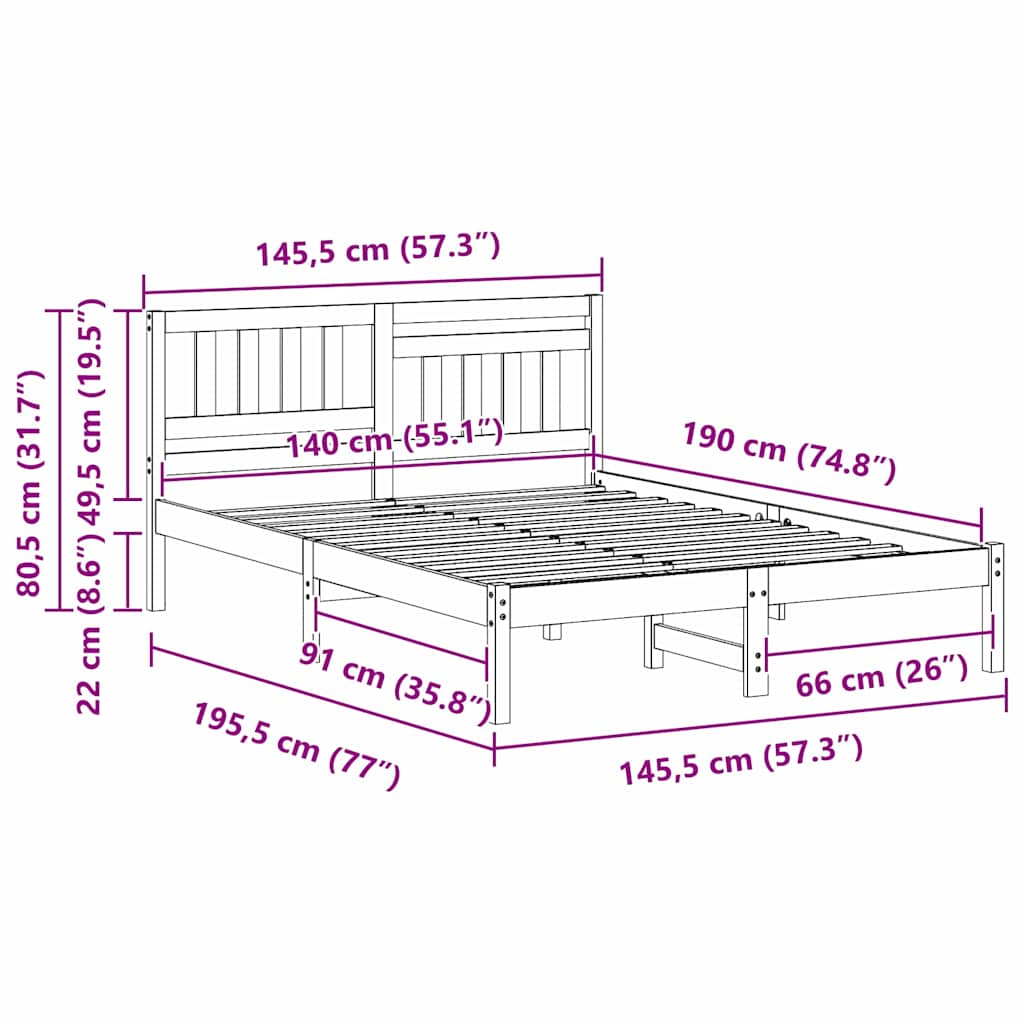 Sengestel med hovedgærde Brun 140 x 190 cm Massiv fyrretræ