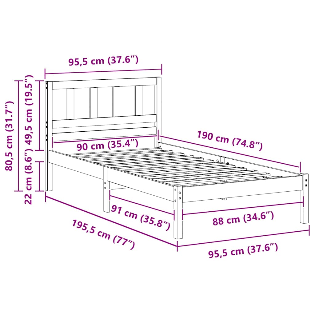 Sengestel med hovedgærde Voks brun 90 x 190 cm Massiv fyrretræ