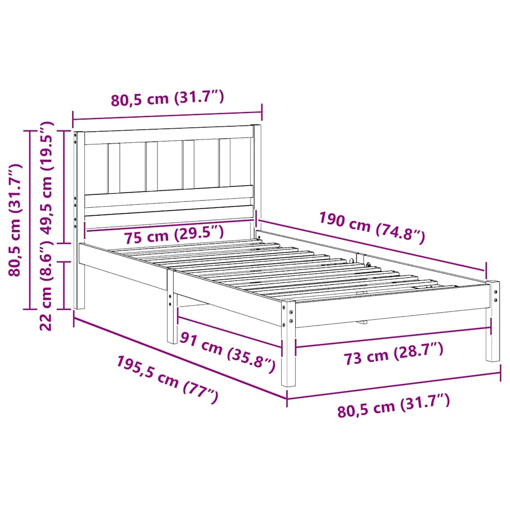 Sengestel med hovedgærde Hvid 75 x 190 cm Massiv fyrretræ