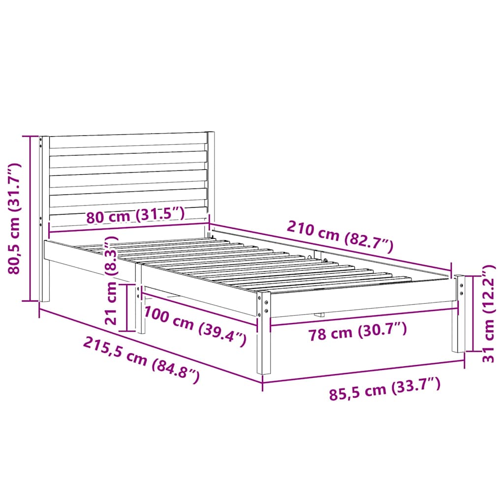 Sengestel med hovedgærde Hvid 80 x 210 cm Massiv fyrretræ
