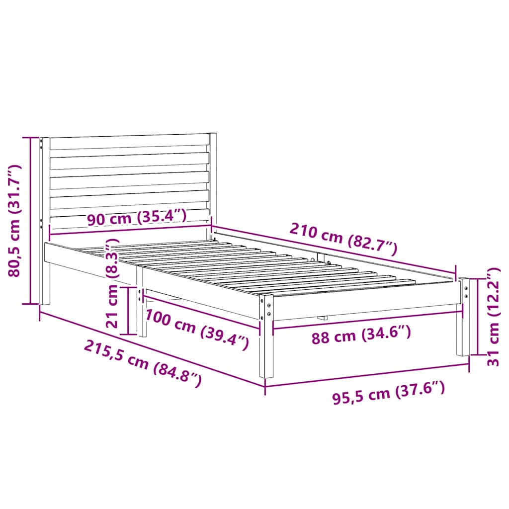 Sengestel med hovedgærde Brun 90 x 210 cm Massiv fyrretræ
