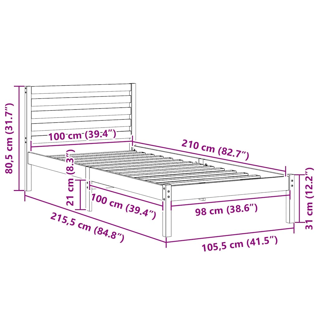 Sengestel med hovedgærde Voks brun 100 x 210 cm Massiv fyrretræ