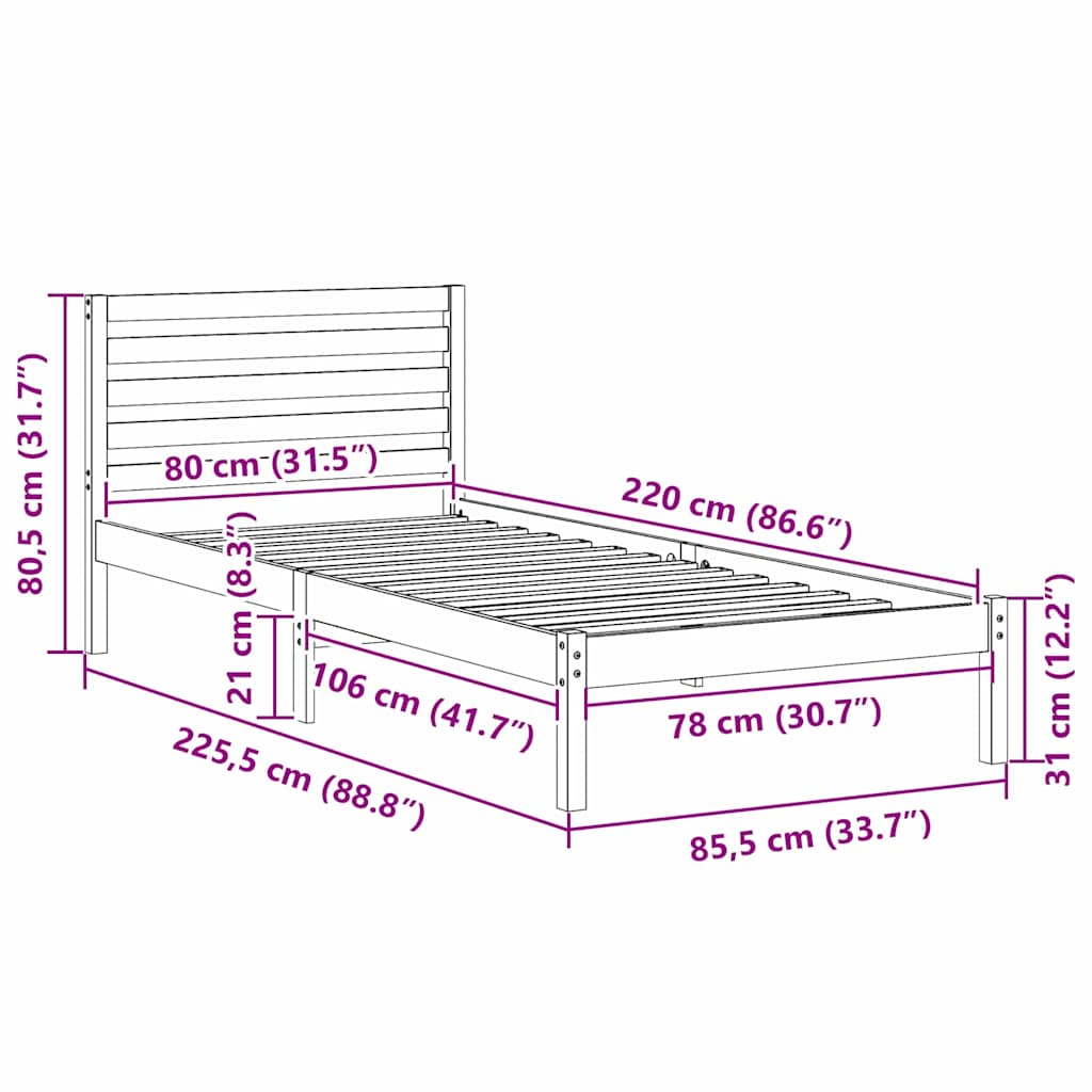 Sengestel med hovedgærde Voks brun 80 x 220 cm Massiv fyrretræ
