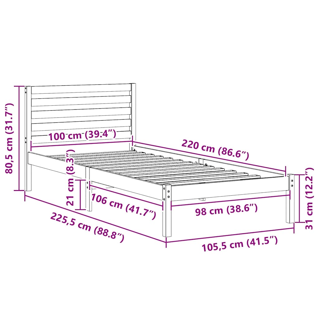 Sengestel med hovedgærde Brun 100 x 220 cm Massiv fyrretræ