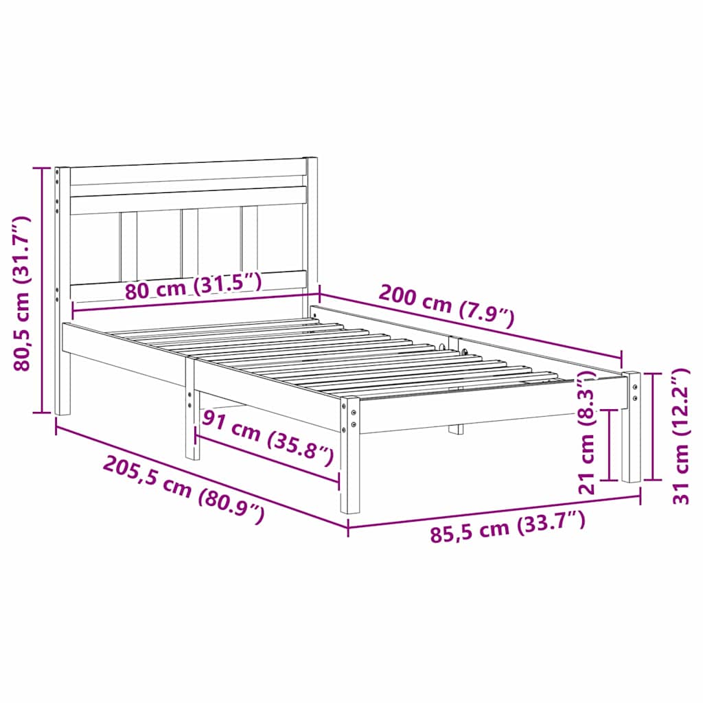 Sengestel Hvid 80 x 200 cm Massiv fyrretræ