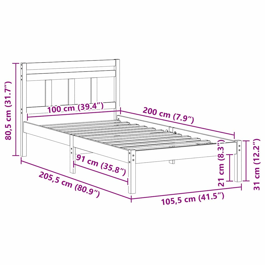 Sengestel Hvid 100 x 200 cm Massiv fyrretræ