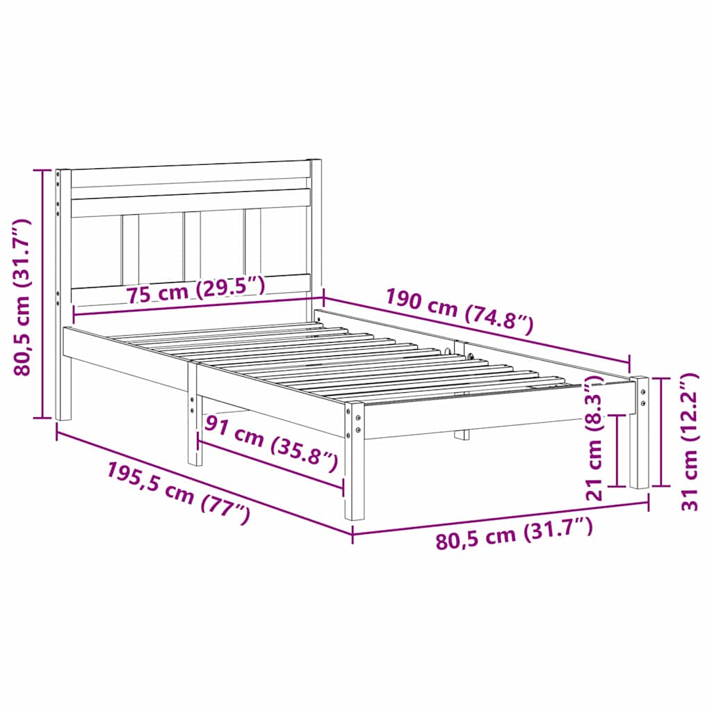 Sengestel Hvid 75 x 190 cm Massiv fyrretræ