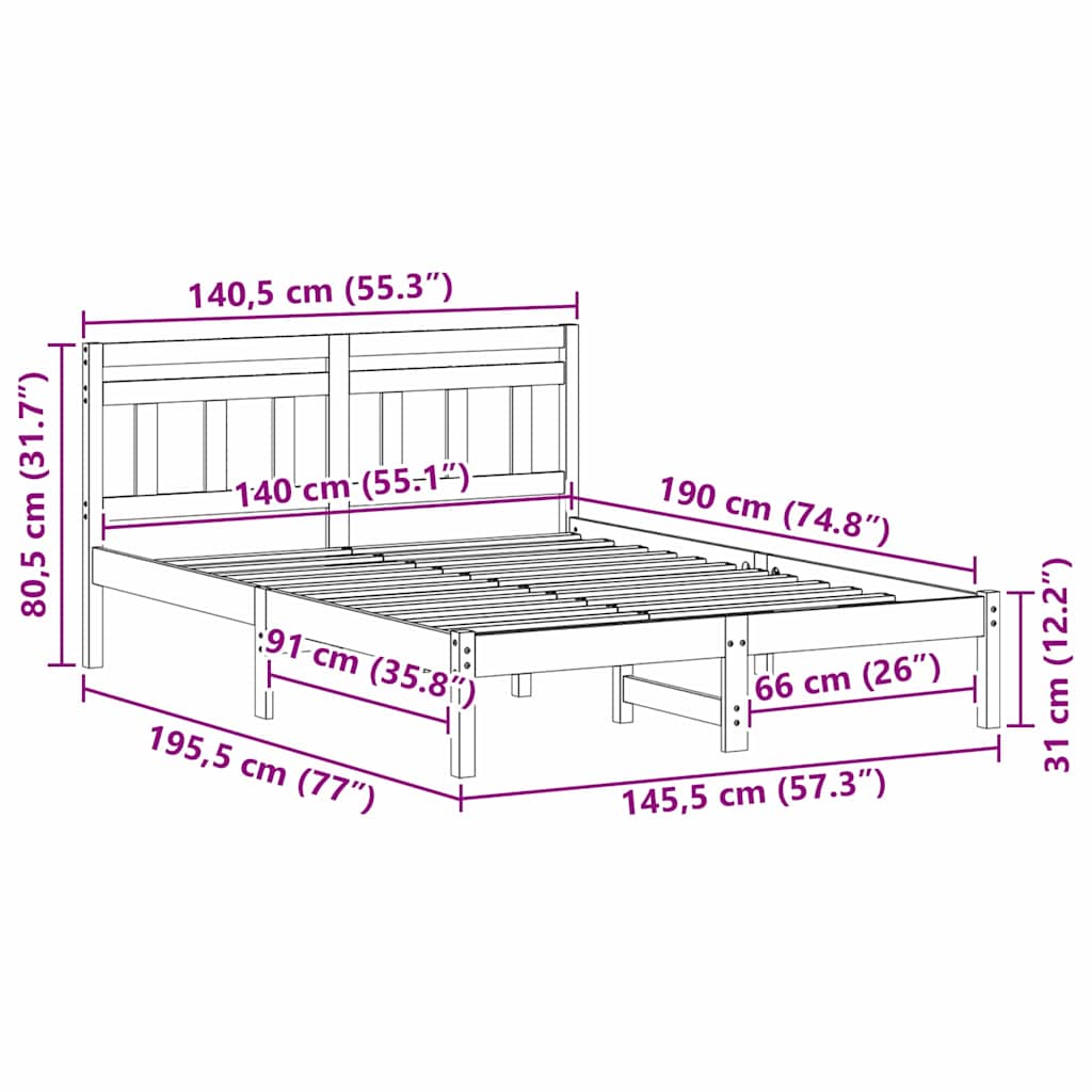 Sengestel Hvid 140 x 190 cm Massiv fyrretræ