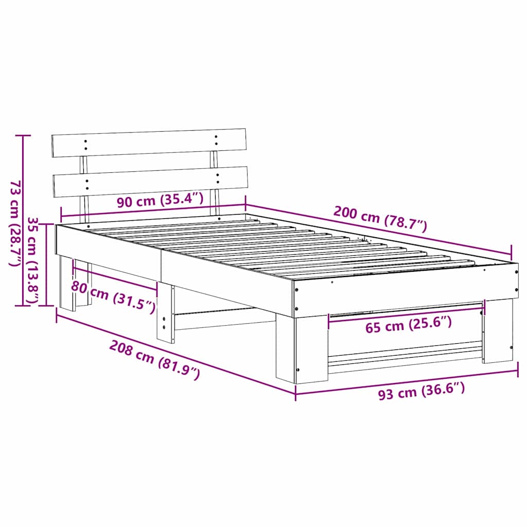 Sengestel med hovedgærde Voks brun 90 x 200 cm Massiv fyrretræ