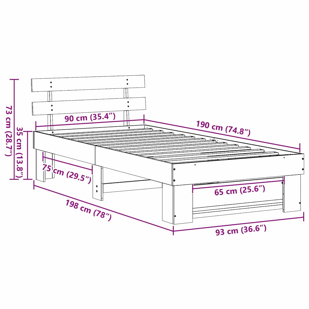 Sengestel med hovedgærde Voks brun 90 x 190 cm Massiv fyrretræ