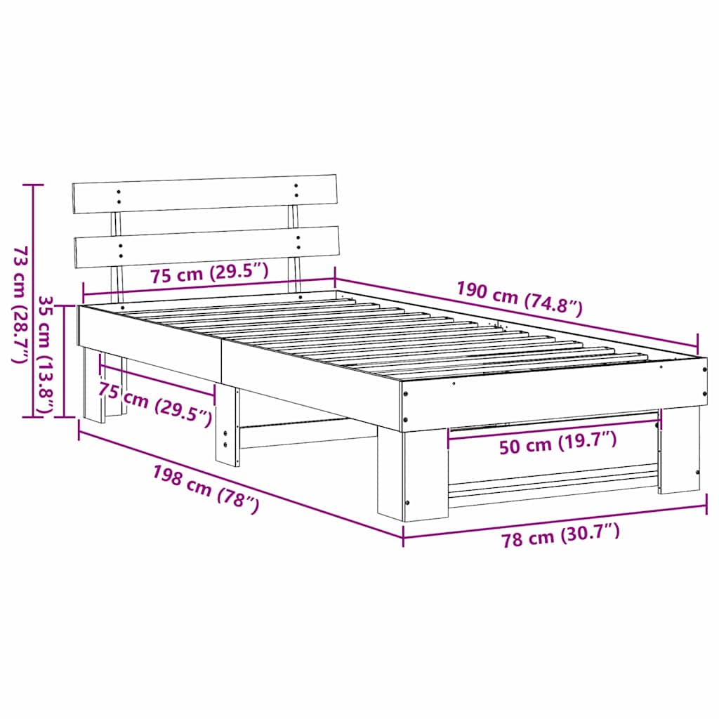 Sengestel med hovedgærde Hvid 75 x 190 cm Massiv fyrretræ