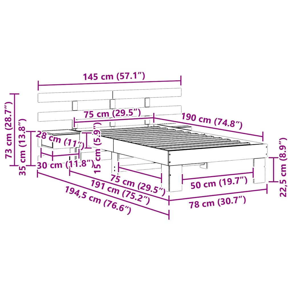Sengestel med hovedgærde Voks brun 75 x 190 cm Massiv fyrretræ