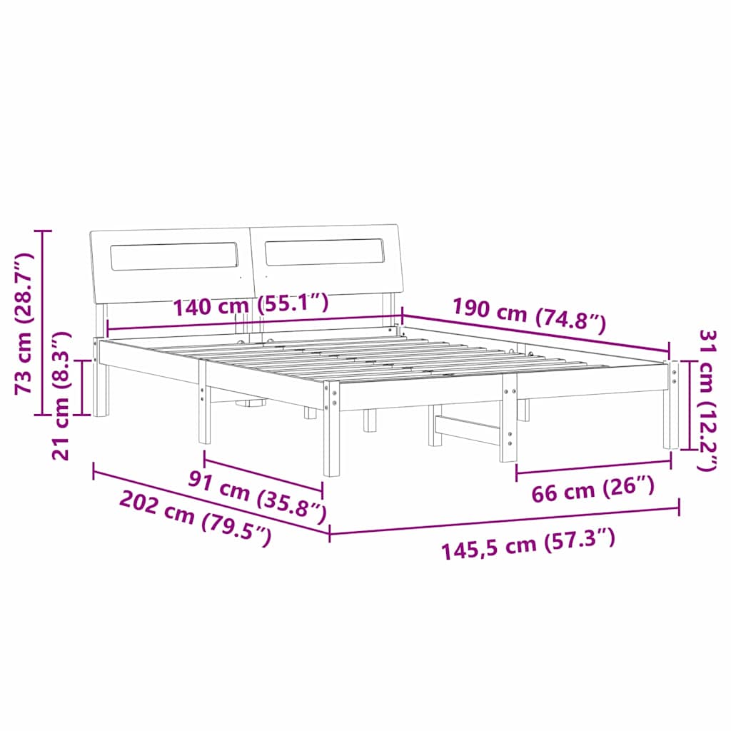 Sengestel med hovedgærde Hvid 140 x 190 cm Massiv fyrretræ