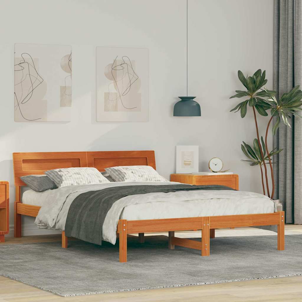 Sengestel med hovedgærde Voks brun 135 x 190 cm Massiv fyrretræ