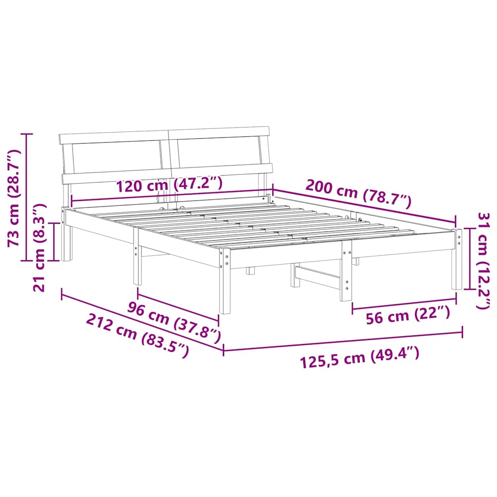Sengestel med hovedgærde Hvid 120 x 200 cm Massiv fyrretræ