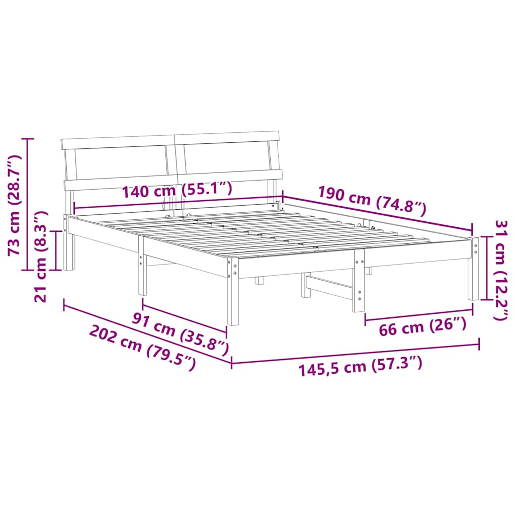 Sengestel med hovedgærde Brun 140 x 190 cm Massiv fyrretræ