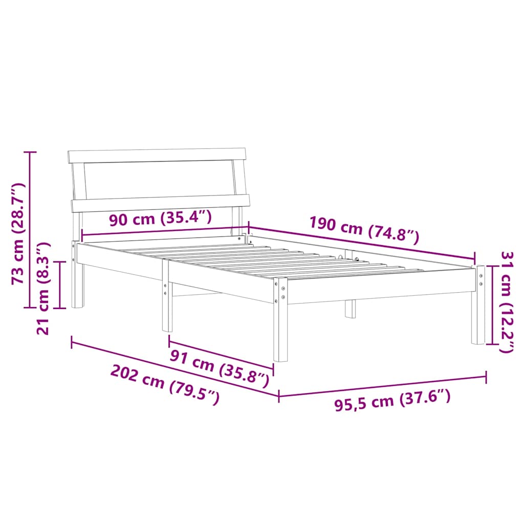 Sengestel med hovedgærde Hvid 90 x 190 cm Massiv fyrretræ