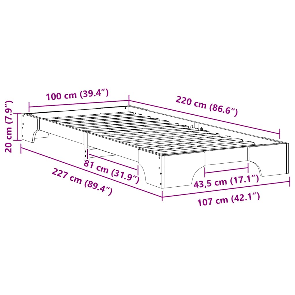 Sengestel Hvid 100 x 220 cm Massiv fyrretræ