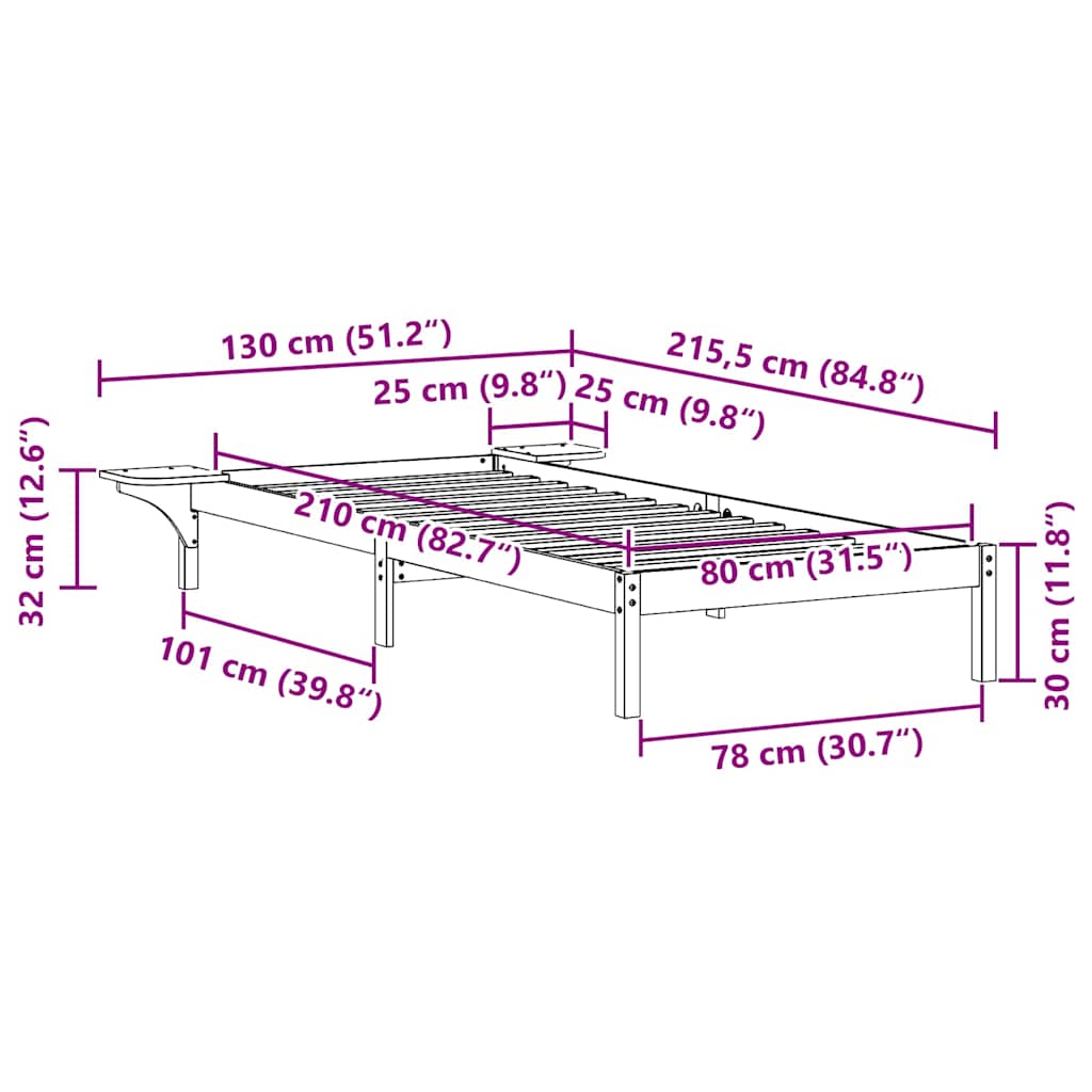 Sengestel med sideborde Hvid 80 x 210 cm Massiv fyrretræ