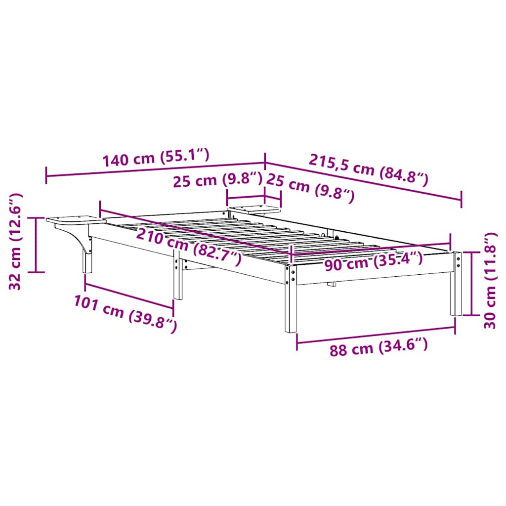 Sengestel med sideborde Naturfarvet 90 x 210 cm Massiv fyrretræ