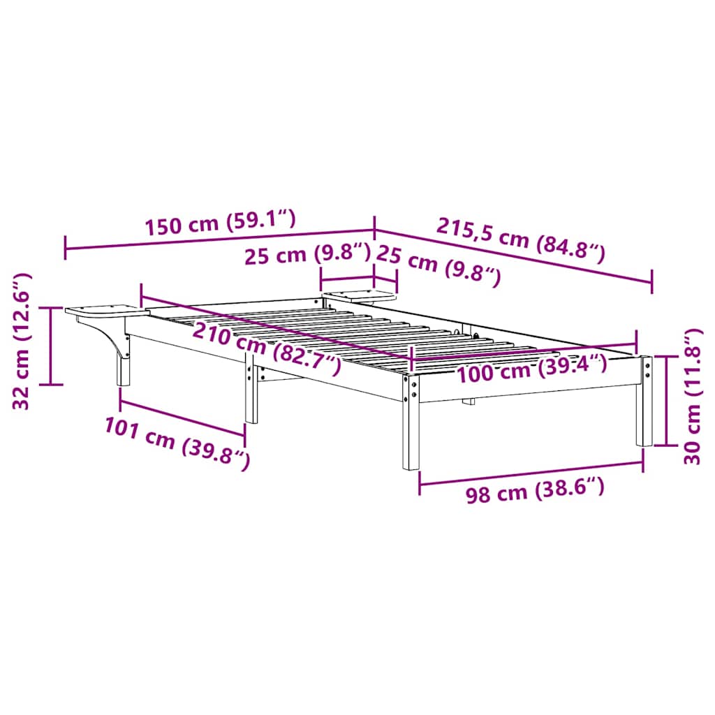 Sengestel med sideborde Hvid 100 x 210 cm Massiv fyrretræ