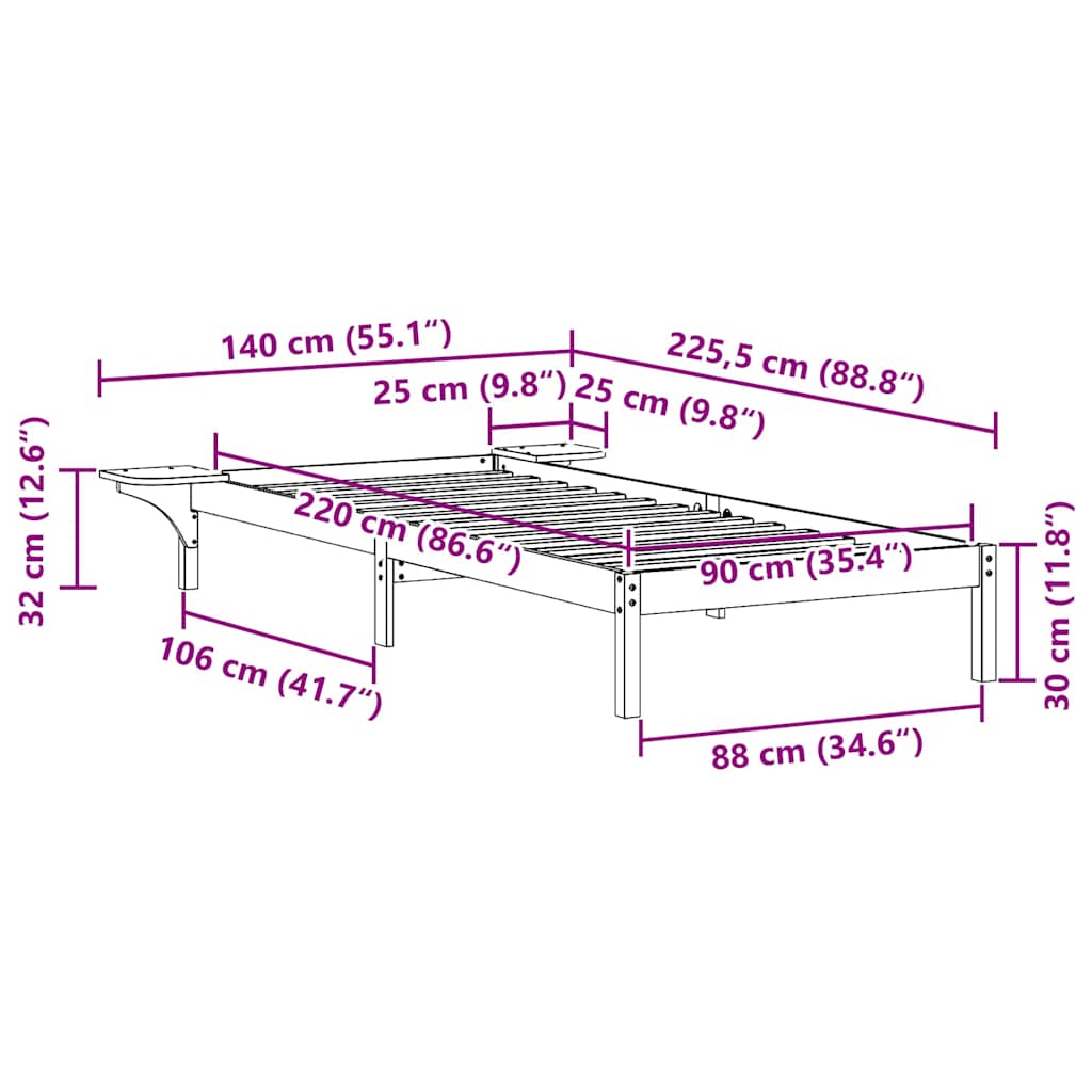 Sengestel med sideborde Hvid 90 x 220 cm Massiv fyrretræ
