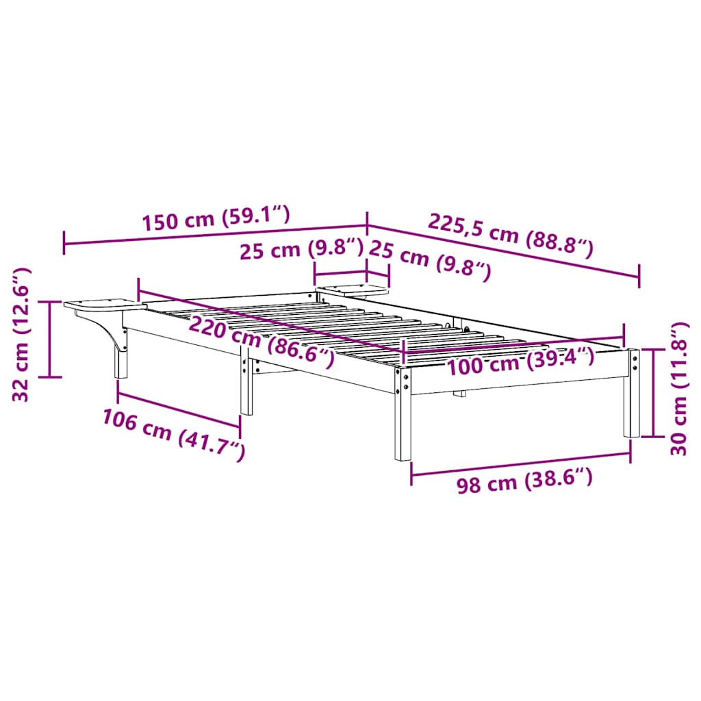 Sengestel med sideborde Naturfarvet 100 x 220 cm