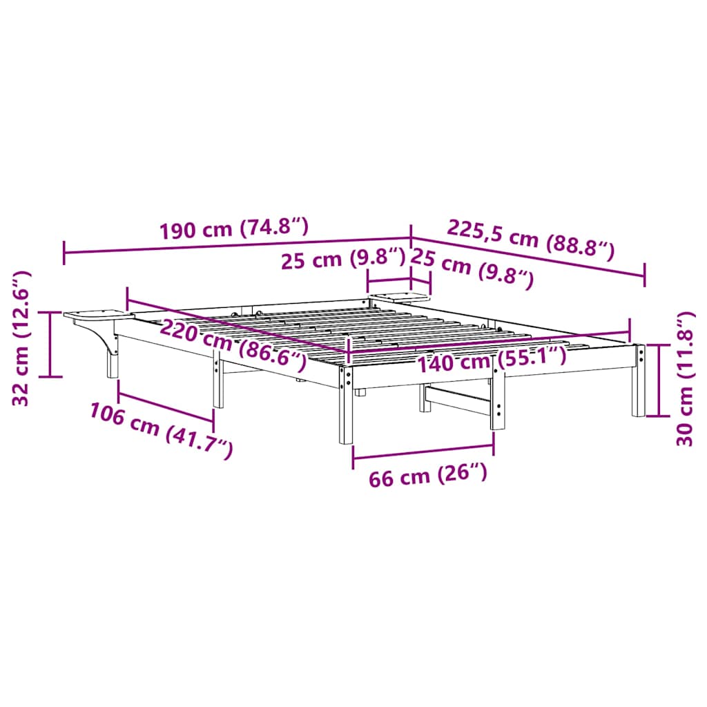 Sengestel med sideborde Naturfarvet 140 x 220 cm