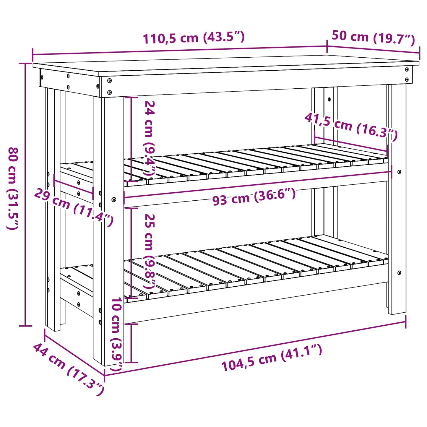 Arbejdsbænk med hylde 110,5 x 50 x 80 cm Massivt fyrretræ