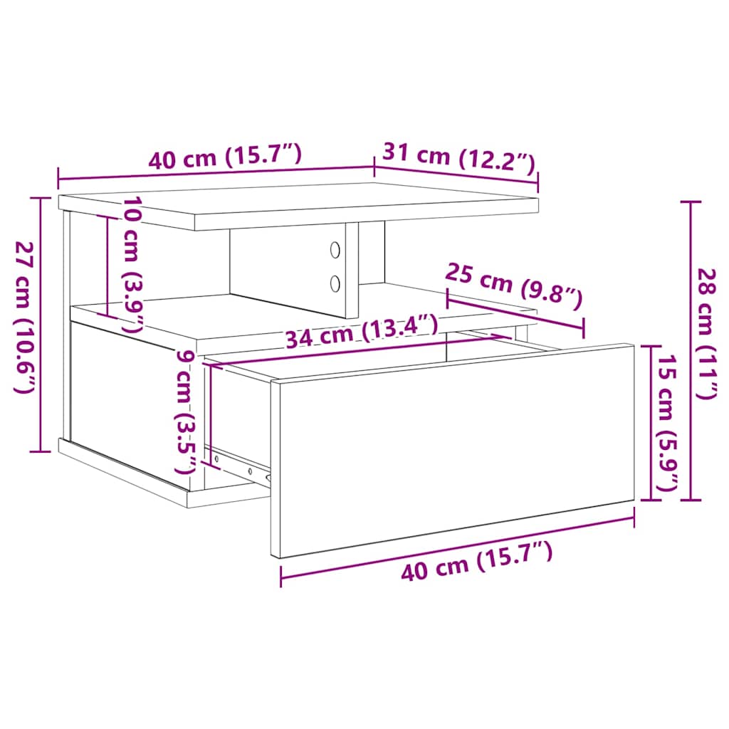 Flydende Natbord med skuffe 2 pcs Gammelt træ 40 x 31 x 28 cm