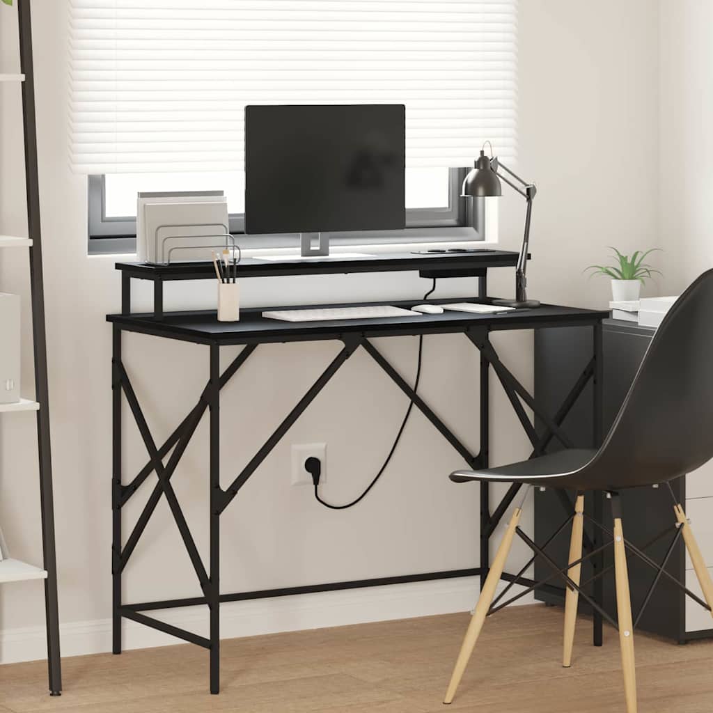 Skrivebord med hylde og LED - sort eg, 100 × 50 × 86,5 cm, konstrueret træ