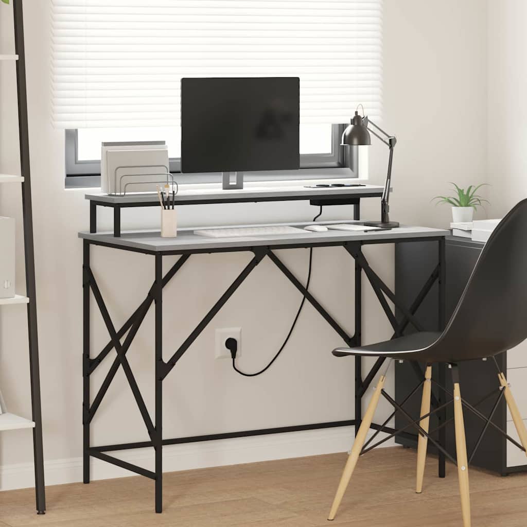 Skrivebord med hylde og LED - grå sonoma, 100 × 50 × 86,5 cm, konstrueret træ